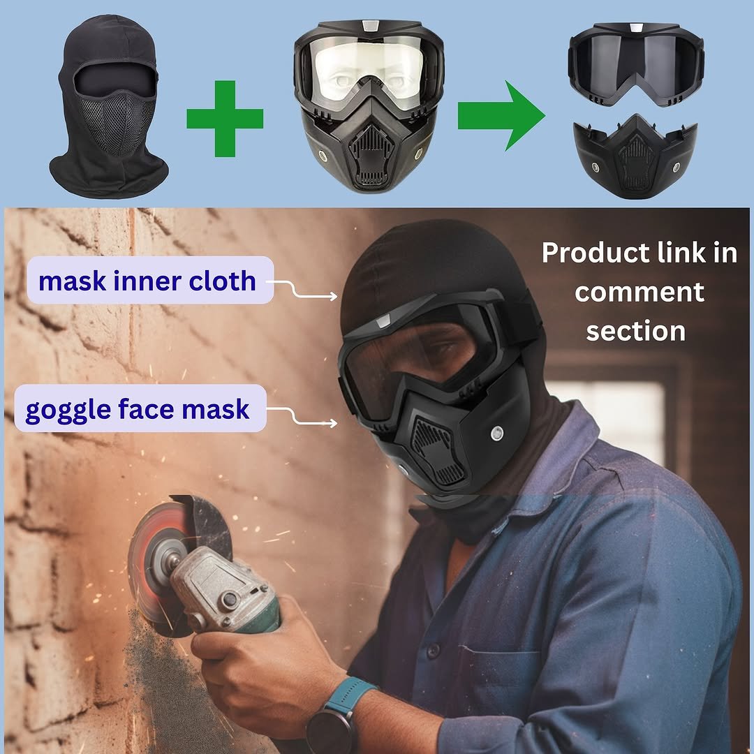 Photo shared by Moleram soni on November 14, 2025 tagging @electrician_moleram. May be an image of helmet, gas mask, glasses, face mask and text that says '+ผ + mask inner cloth Product link in comment section goggle face mask'.