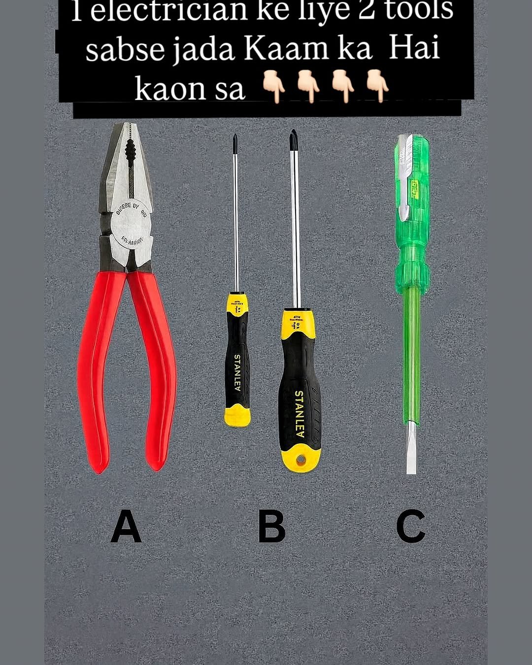 Photo by Moleram soni in Burhar with @electrician_moleram. May be an image of hand drill, battery, screwdriver, socket, tongs, wrench and text that says 'electrician Ke lıye 2 sabse jada Kaam ka Hai kaon sa 金信子 နိုင် 保和 카인! 知 유 STANLEY STANLEY'.