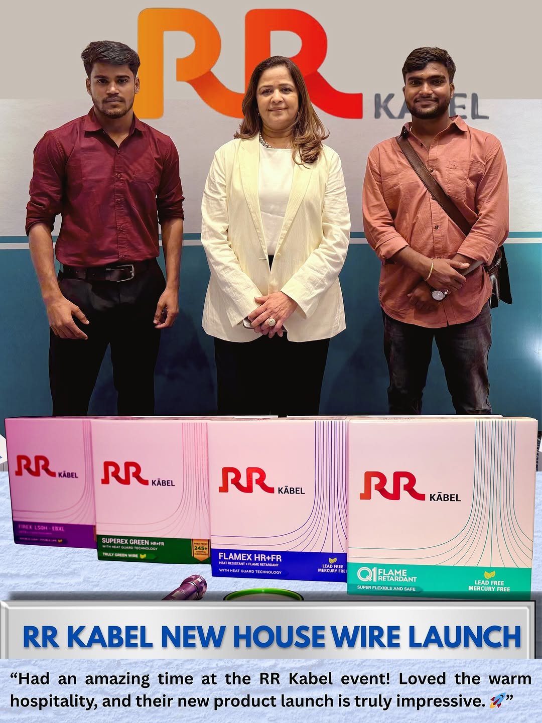 Photo shared by Moleram soni on August 10, 2025 tagging @kirtibaheti23, @rr_kabel_, @sanjay_soni01, and @_sujeet_soni_. May be an image of 3 people, people standing, magazine, poster, office and text that says 'RR KASEL KI EL RR KABEL RR KABEL A-6 RR KÄBEL SUPEREX GREEN RR FLAMEXHR+FR HR+FR FLAMEX LOBY MERCENYRE Q1FLAME LAME RETARDANT REAME KpKHи3eHmr MERCURYFREE FHEE FREE RR KABEL NEW HOUSE WIRE LAUNCH "Had an amazing time at the RR Kabel event! Loved the warm hospitality, and their new product launch is truly impressive.'.