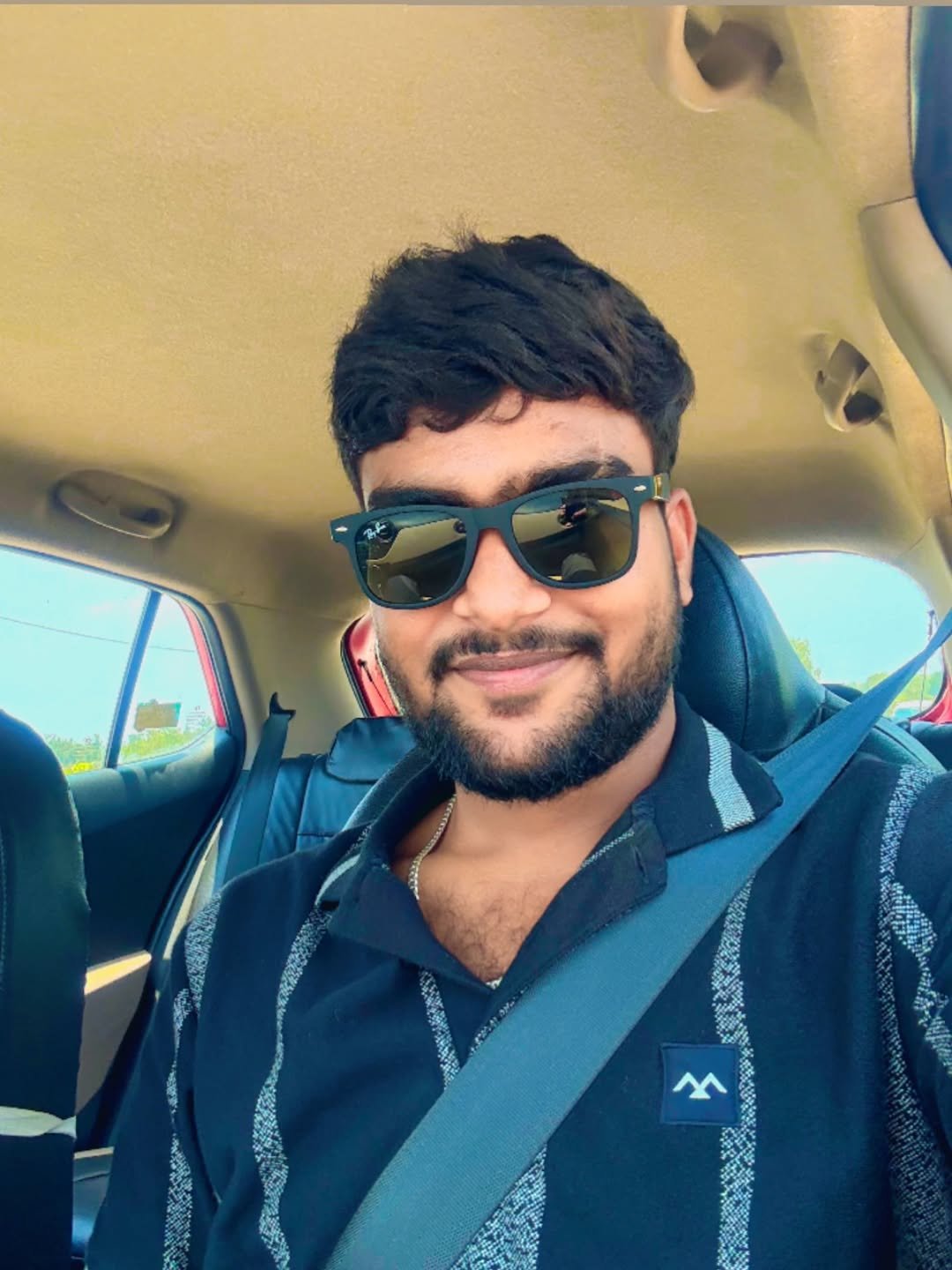 Photo by Moleram soni in Burhar. May be a selfie of one or more people, beard, hair, people smiling, car, sunglasses, seatbelt and text.