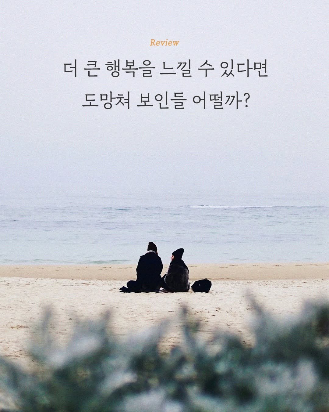 Photo by 엘리 출판사 on January 13, 2026. May be an image of one or more people, book and text that says 'Review 더 큰 행복을 느낄 수 있다면 도망쳐 보인들 어떨까?'.