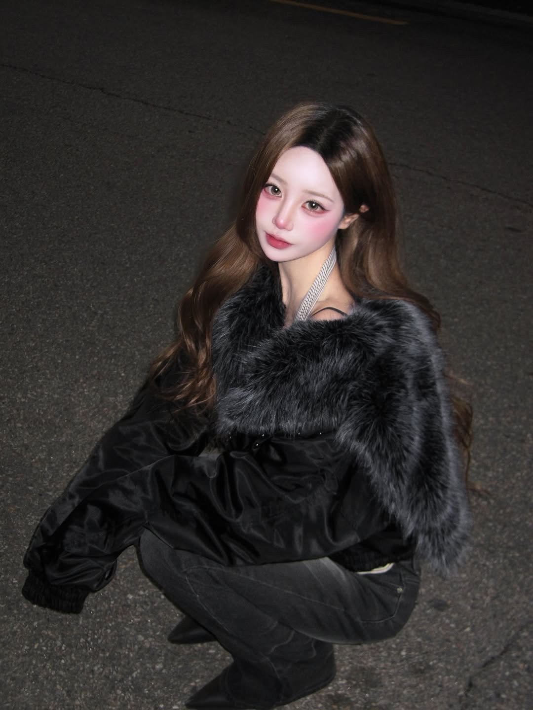 Photo shared by SUJIN ♥ on December 02, 2025 tagging @midnightmove_official. May be an image of one or more people, hair, makeup, goosedown coat, duffle coat, sable coat, parka and text.