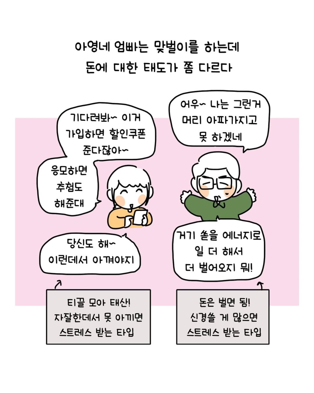 Photo by 동땡들과 행복한 엔프피 앙영 on July 23, 2025. May be an illustration of pie and text that says '아영네 엄빠는 맞벌이를 하는데 돈에대한 돈에 대한 태도가 쫌 다르다 어우~ 나는 그런거 머리 아파가지고 못 하겠네 기다려봐~ 이거 가입하면 할인쿠폰 준다잖아~ 응모하면 추첨도 해준대 당신도 해~ 이런데서 아껴야지 거기 쏟을 에너지로 일 더 해서 더 벌어오지 뭐! 티끌 모아 태산! 자잘한데서 자잘 못 아끼면 스트레스 받는 타입 돈은 벌면 됨! 신경쓸 게 많으면 스트레스 받는 타입'.