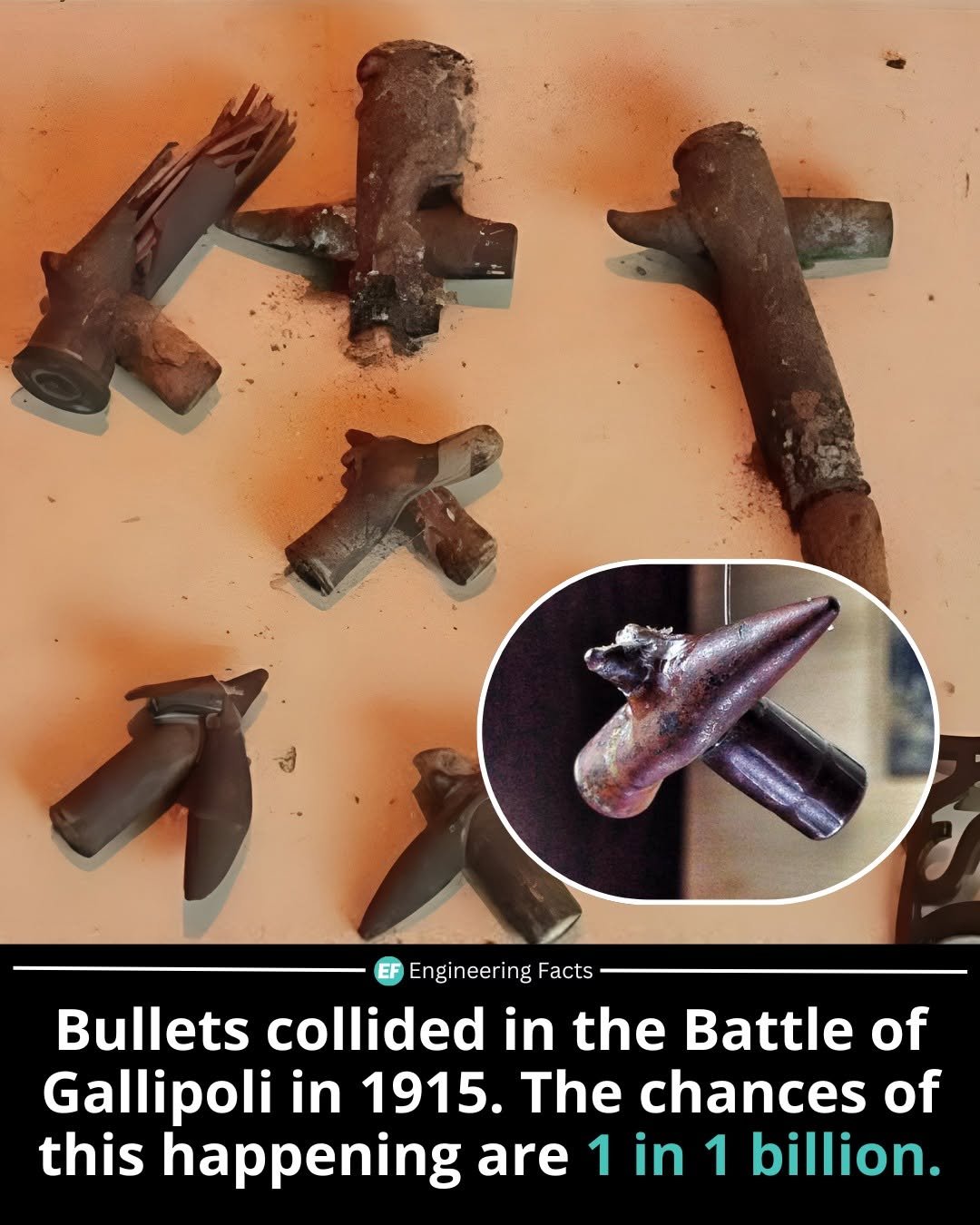 Photo by Engineering Facts 🇺🇸 on December 02, 2025. May be an image of text that says '保い 30 ਲল SNSG Engineering Facts Bullets collided in the Battle of Gallipoli in 1915. The chances of this happening are 1 in 1 billion.'.