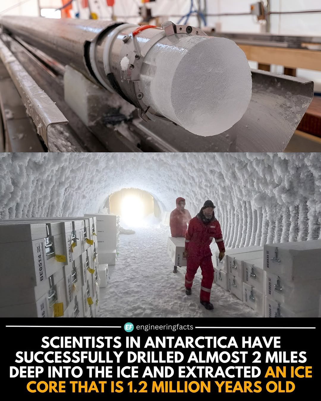 Photo by Engineering Facts 🇺🇸 on December 01, 2025. May be an image of arctic and text that says 'engineeringfacts engineeri in ngfacts SCIENTISTS IN ANTARCTICA HAVE SUCCESSFULLY DRILLED ALMOST 2 MILES DEEP INTO THE ICE AND EXTRACTED AN ICE CORE THAT IS 1.2 MILLION YEARS OLD'.