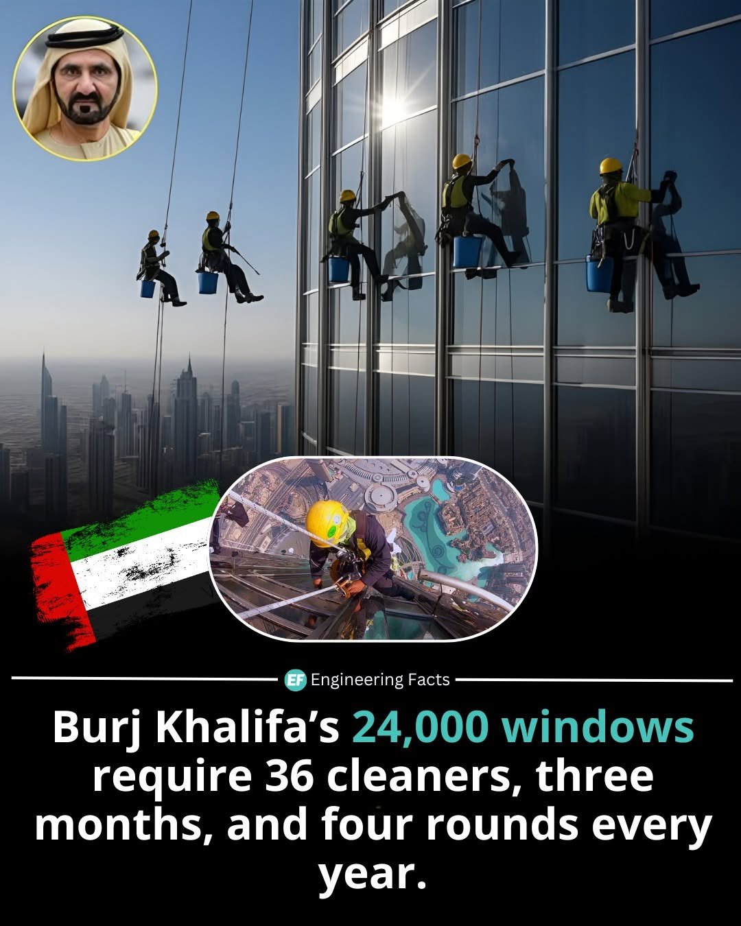 Photo by Engineering Facts 🇺🇸 on December 02, 2025. May be an image of text that says 'Engineering Facts Burj Khalifa's 24,000 windows require 36 cleaners, three months, and four rounds every year.'.