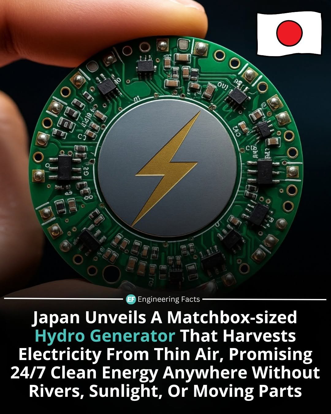 Photo by Engineering Facts 🇺🇸 on December 02, 2025. May be an image of ‎text that says '‎OV סםוססבור ครีโ ១ខ C ၁ င ولم 3 087 حه 고각에 A7 00 Engineering Facts Japan Unveils A Matchbox-sized Hydro Generator That Harvests Electricity From Thin Air, Promising 24/7 Clean Energy Anywhere Without Rivers, Sunlight, Or Moving Parts‎'‎.