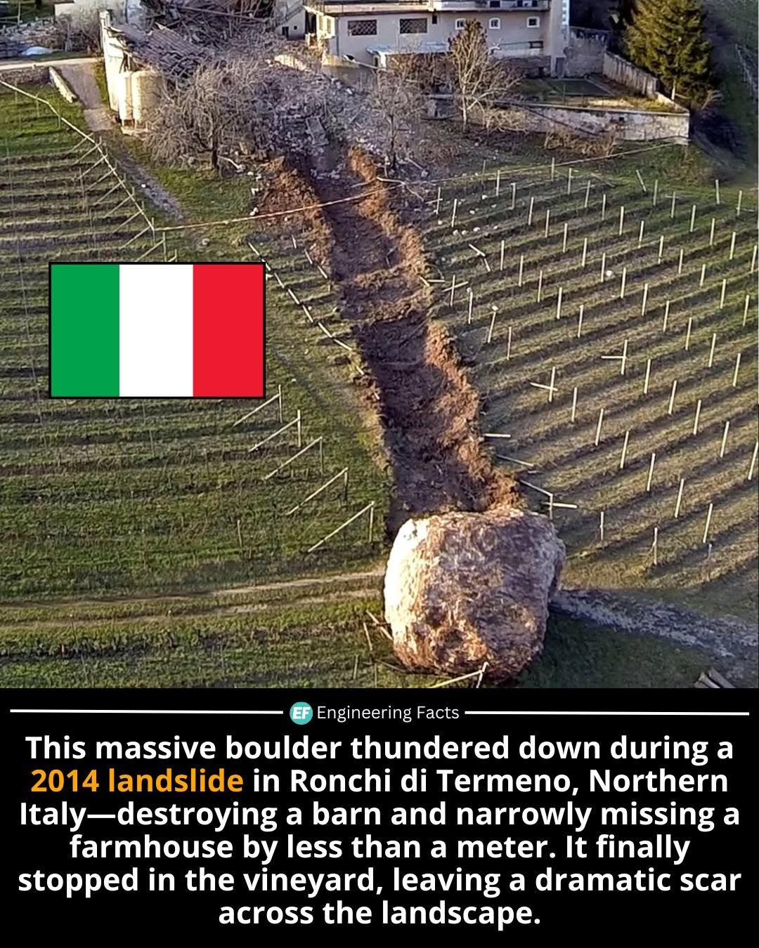 Photo by Engineering Facts 🇺🇸 on December 02, 2025. May be an image of text that says 'EF Engineering Facts This massive boulder thundered down during a 2014 landslide in Ronchi di Termeno, Northern Italy- Italy-destroying a barn and narrowly missing a farmhouse by less than a meter. It finally stopped in the vineyard, leaving a dramatic scar across the landscape.'.