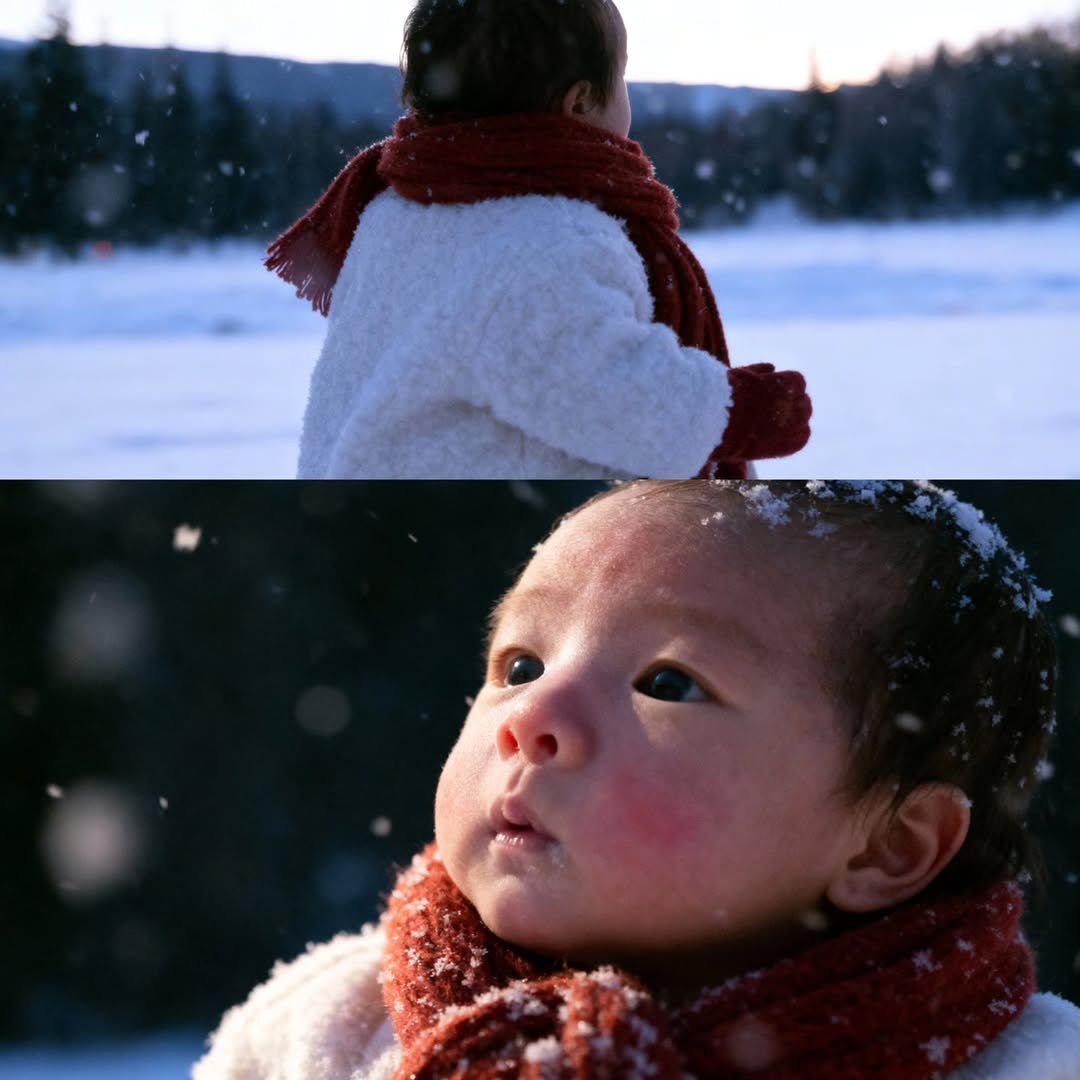 Photo by 손강&손단 (SonKang&SonDan) on November 12, 2025. May be an image of baby, standing, snowsuit, snow and text.