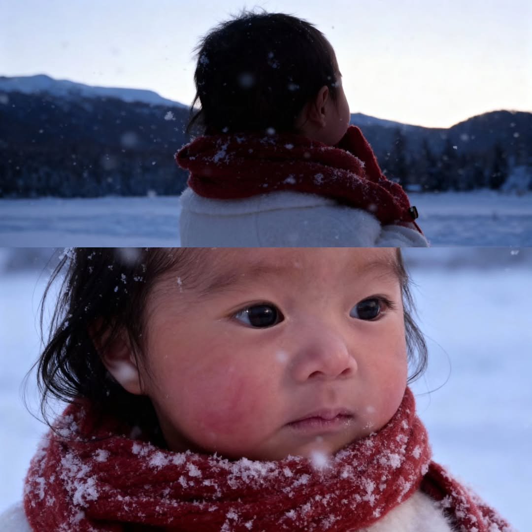 Photo shared by 손강&손단 (SonKang&SonDan) on November 11, 2025 tagging @minsoorrr, @limlalaland, and @enjoycouple. May be a closeup of baby, snowsuit, arctic, snow and text.