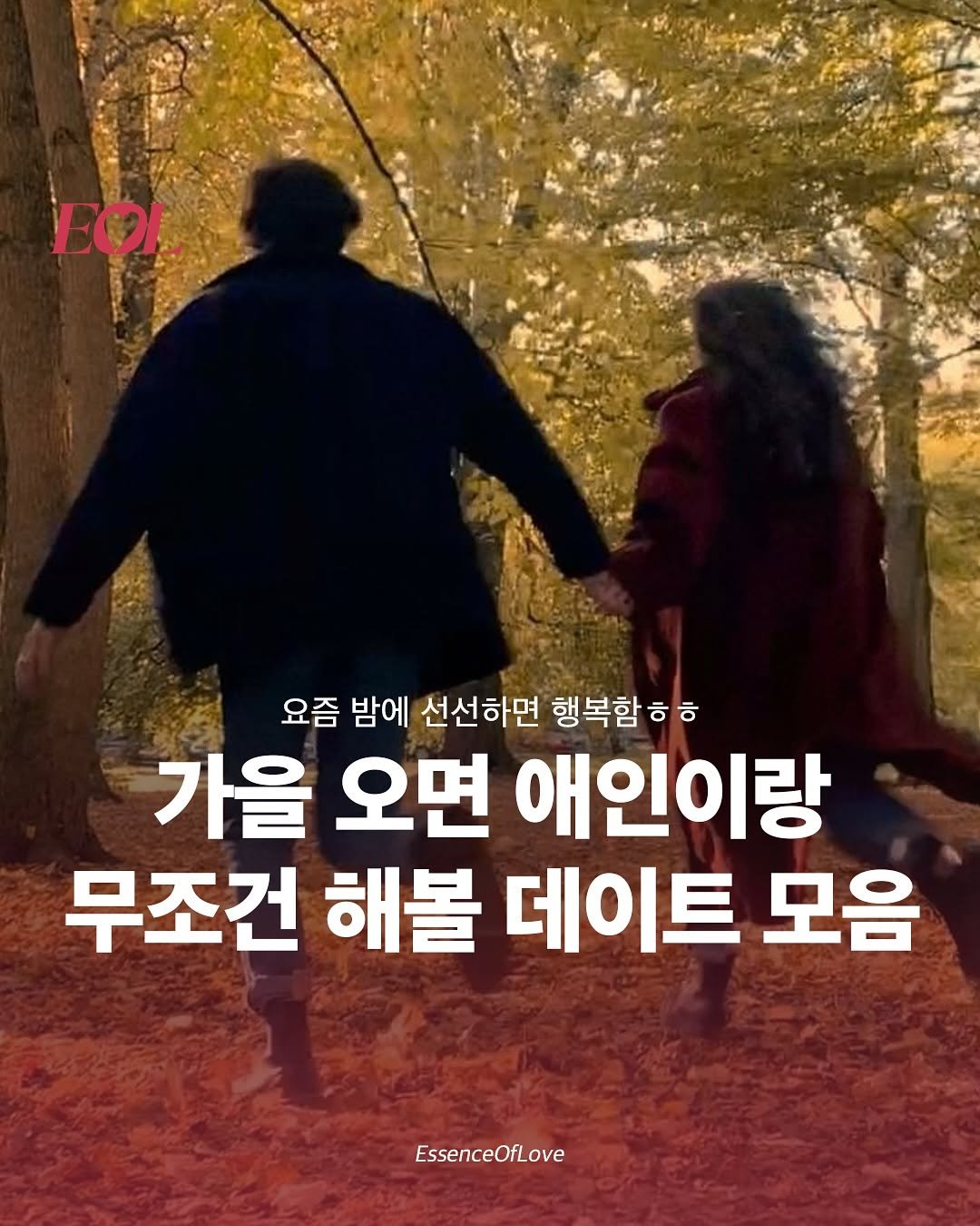 Photo by EOL 이오엘 on August 17, 2025. May be an image of 2 people and text that says 'EOI 요즘 밤에 선선하면 행복함 ㅎ ㅎㅎ ᄒ 가을 오면 애인이랑 무조건 해볼 데이트 모음 EssenceOfLove'.