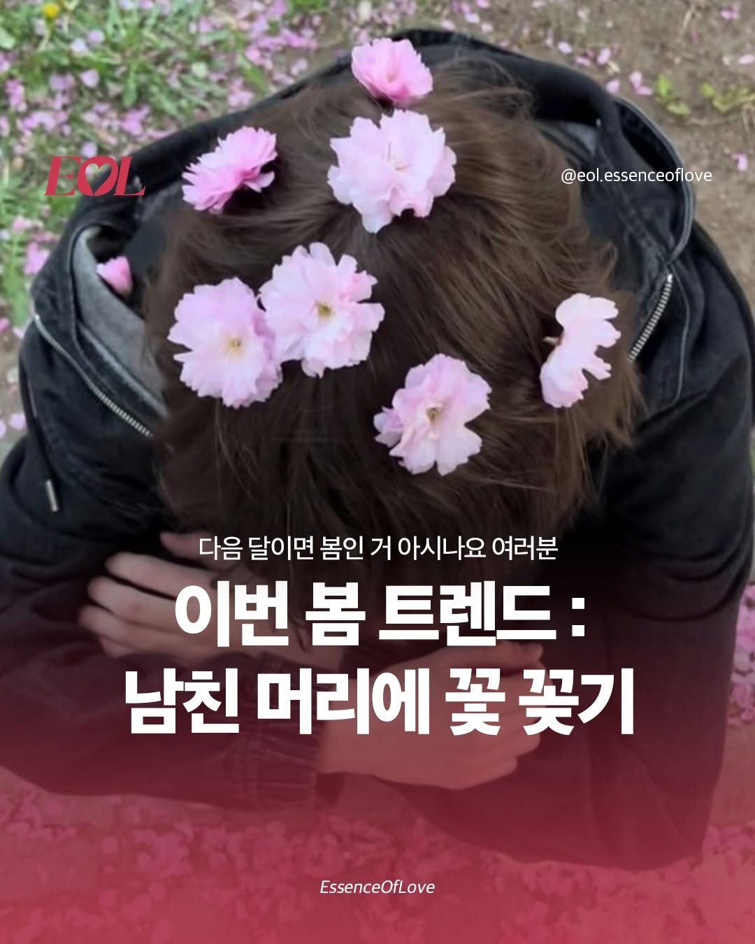 Photo by EOL 이오엘 on February 11, 2026. May be an image of pie and text that says 'EOL @eol. @eol.essenceoflove 다음 달이면 봄인 거 아시나요 여러분 이번 봄 트렌드: 남친 머리에 契 꽃기 EssenceOfLove'.