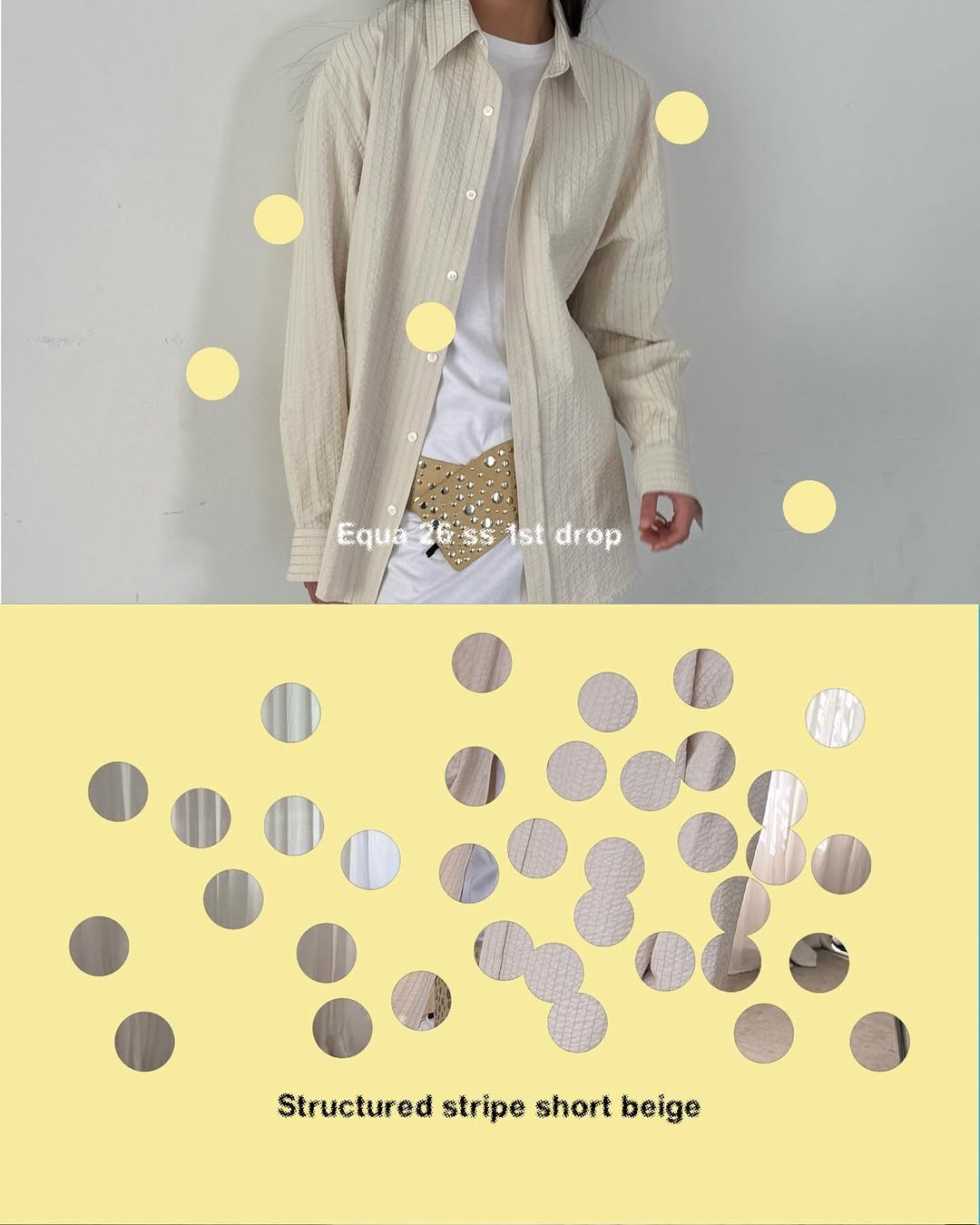 Photo by Equa 에쿠아 on March 25, 2026. May be an image of overcoat, duffle coat, jacket, raincoat, parka and text that says 'Equaossistdrop Equa26 Equa Equa26'ss1stdrop 6'Sist 6S5 ist drop Structured stripe short Structuredstripeshortbeige beige'.