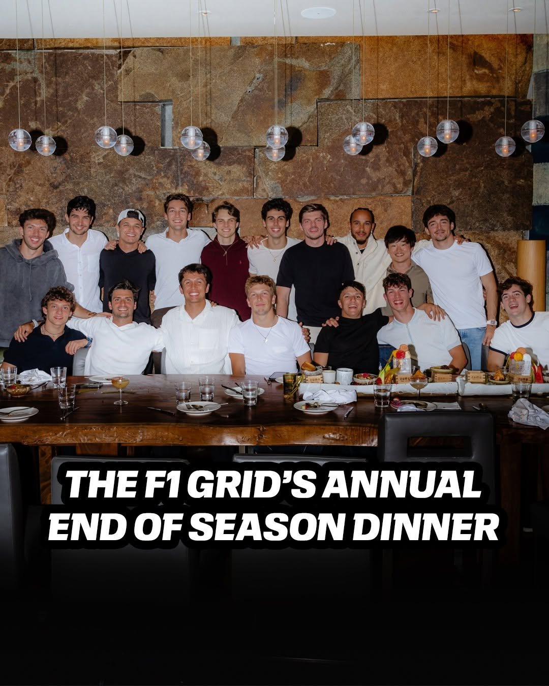 Photo shared by ESPN F1 on December 04, 2025 tagging @espn, and @sportscenter. May be an image of magazine, poster and text that says 'la THE F1 GRID'S ANNUAL END OF SEASON DINNER'.