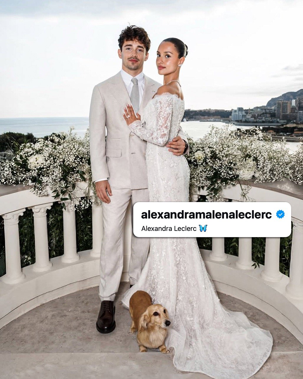 Photo by ESPN F1 on March 02, 2026. May be an image of one or more people, dinner jacket, barong, wedding and text that says 'alexandramalenaleclerc Alexandra Leclerc AlexandraLeclerc и'.