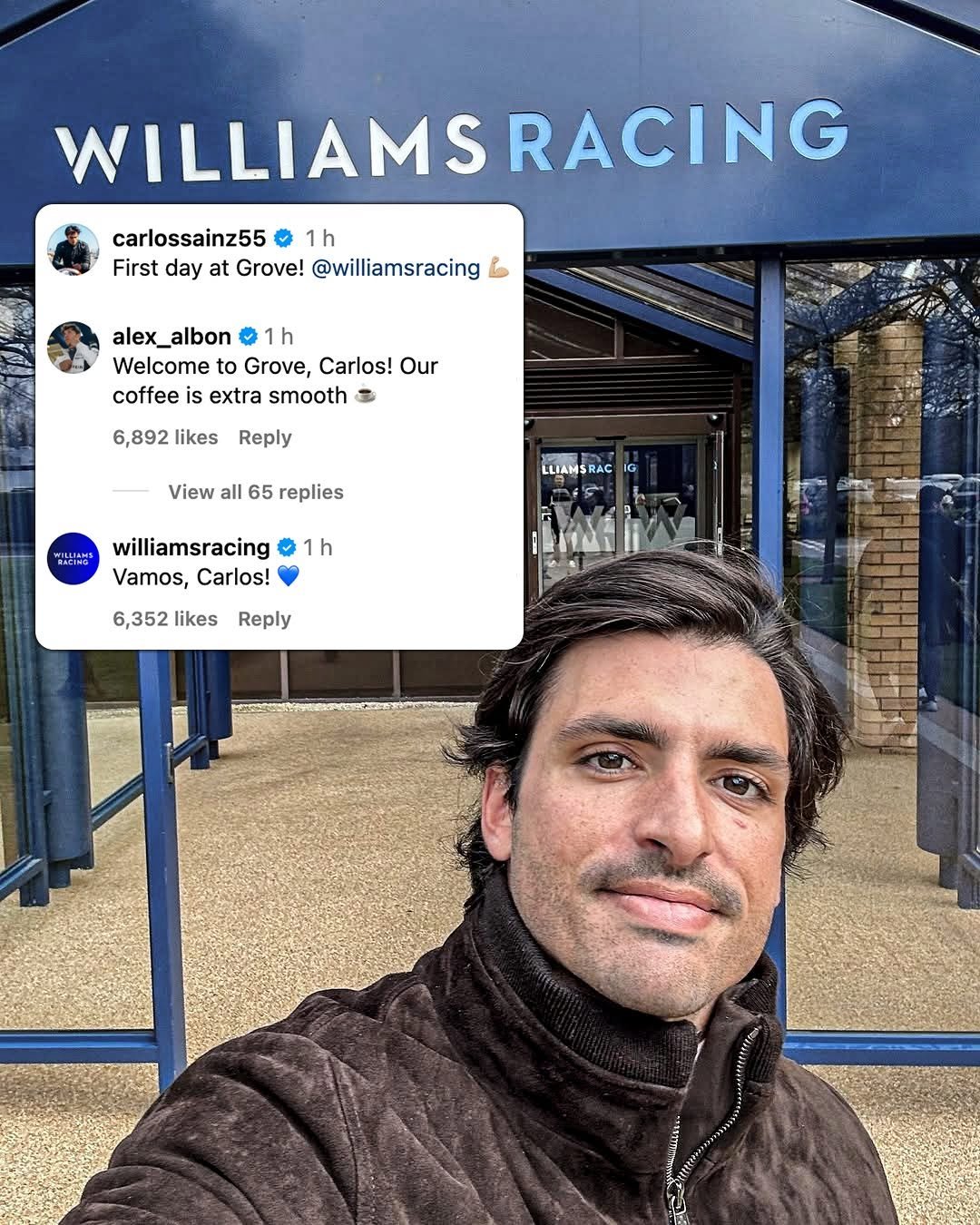 Photo by ESPN F1 on January 15, 2026. May be an image of park and text that says 'carlossainz55 1h First day at Grove! @williamsracing WILLIAMS WILLIAMSRACING RACING alex_albon alex_ h Welcome to Grove, Carlos! Our coffee extra smooth 6,892 likes Reply View all 65 replies 비성한슈밥 RA LLIAMSRAC IG h williamsracing Vamos, Carlos! 6,352 likes Reply'.
