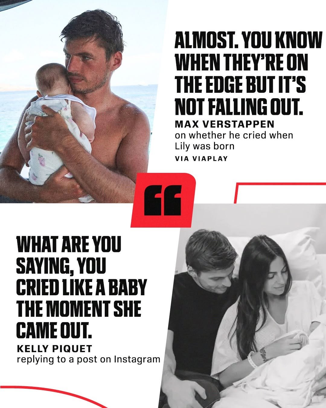 Photo by ESPN F1 on March 03, 2026. May be an image of baby, magazine, diaper and text that says 'ALMOST. YOU KNOW WHEN THEY'RE ON THE EDGE BUT IT'S NOT FALLING OUT. MAX VERSTAPPEN on whether he cried when Lily was born VIA VIAVIAPLAY VIAPLAY “ WHAT ARE YOU SAYING, YOU CRIED LIKE A BABY THE MOMENT SHE CAME OUT. KELLY PIQUET replying to a post on Instagram'.