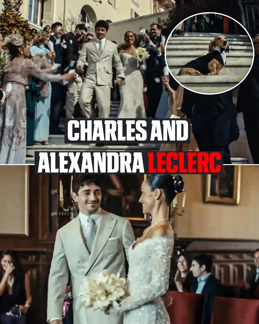Photo by ESPN F1 on March 02, 2026. May be an image of dinner jacket, wedding and text that says 'CHARLES AND ALEXANDRA LECLERC'.