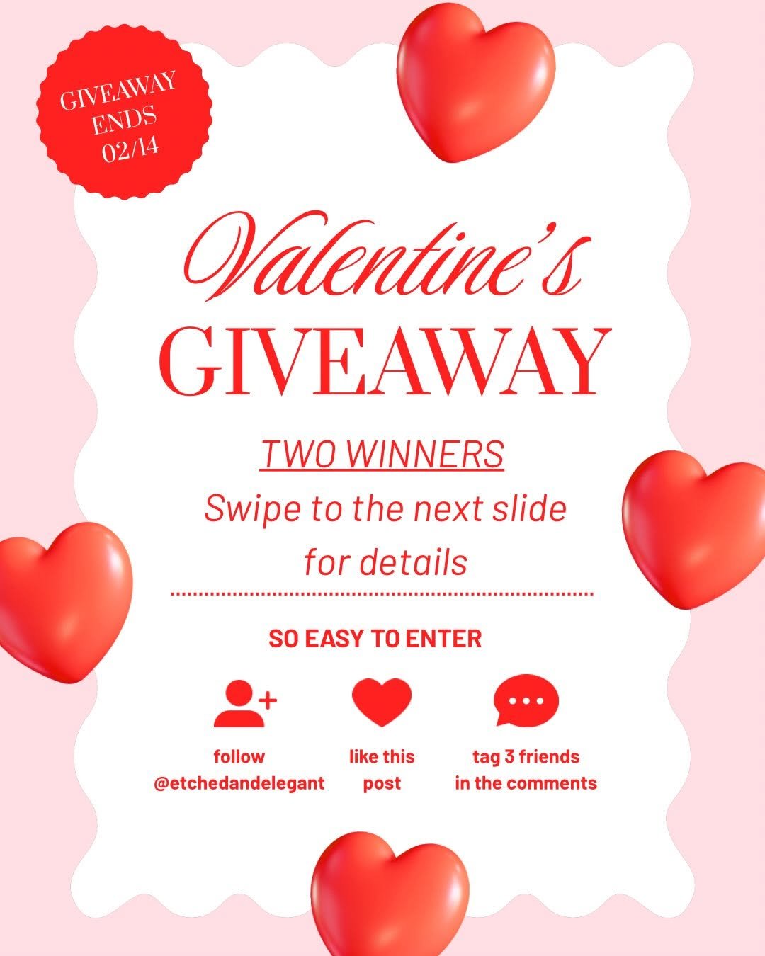 Photo by SARA | Cosmetic Tattoo Artist & Trainer on February 02, 2026. May be an image of heart, card, poster and text that says 'GIVEAWAY GIVE H ENDS 02/14 Valentine's GIVEAWAY TWO WINNERS Swipe to the next slide for details so EASY TO ENTER follow @etchedandelegant like this post tag 3 friends in the comments'.