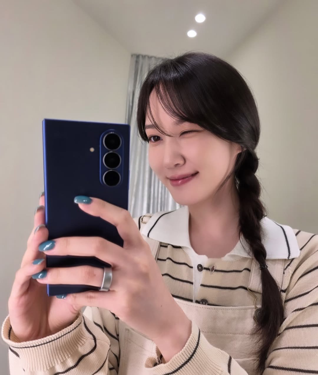 Photo by 박은빈 on September 03, 2025. May be a selfie of one or more people, braids, phone, top and mirror.