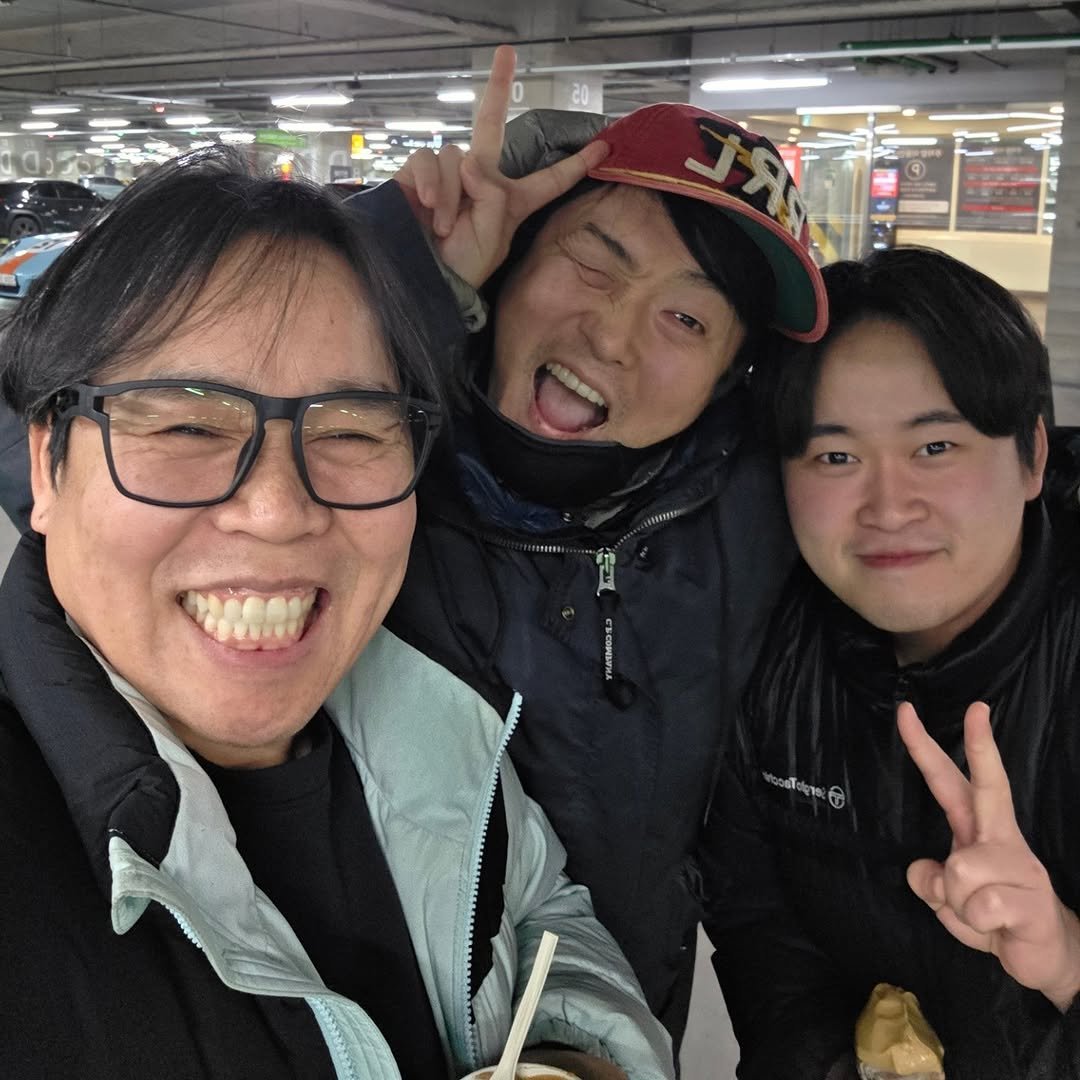 Photo shared by 정은표 on February 19, 2026 tagging @junhyeok.lee.393. May be a selfie of one or more people, parka and text.