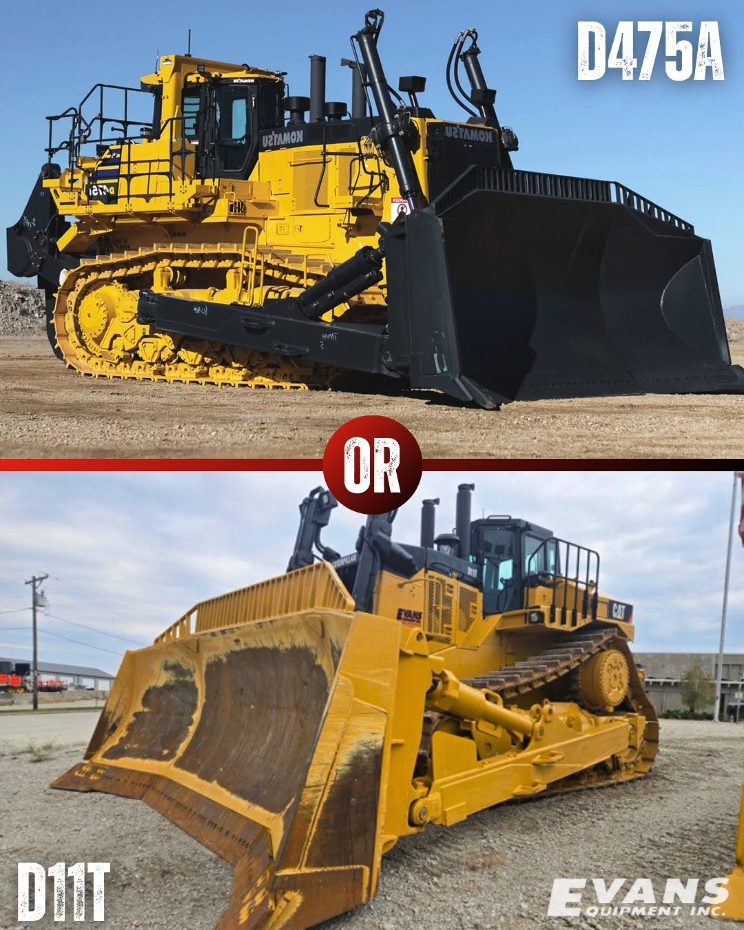 Photo shared by Evans Equipment on February 12, 2026 tagging @caterpillarinc, and @komatsuconstructionna. May be an image of scraper and text that says 'D475A OR ป D11T EVANS INC. QUIPMENTINC. QUIPMENT'.