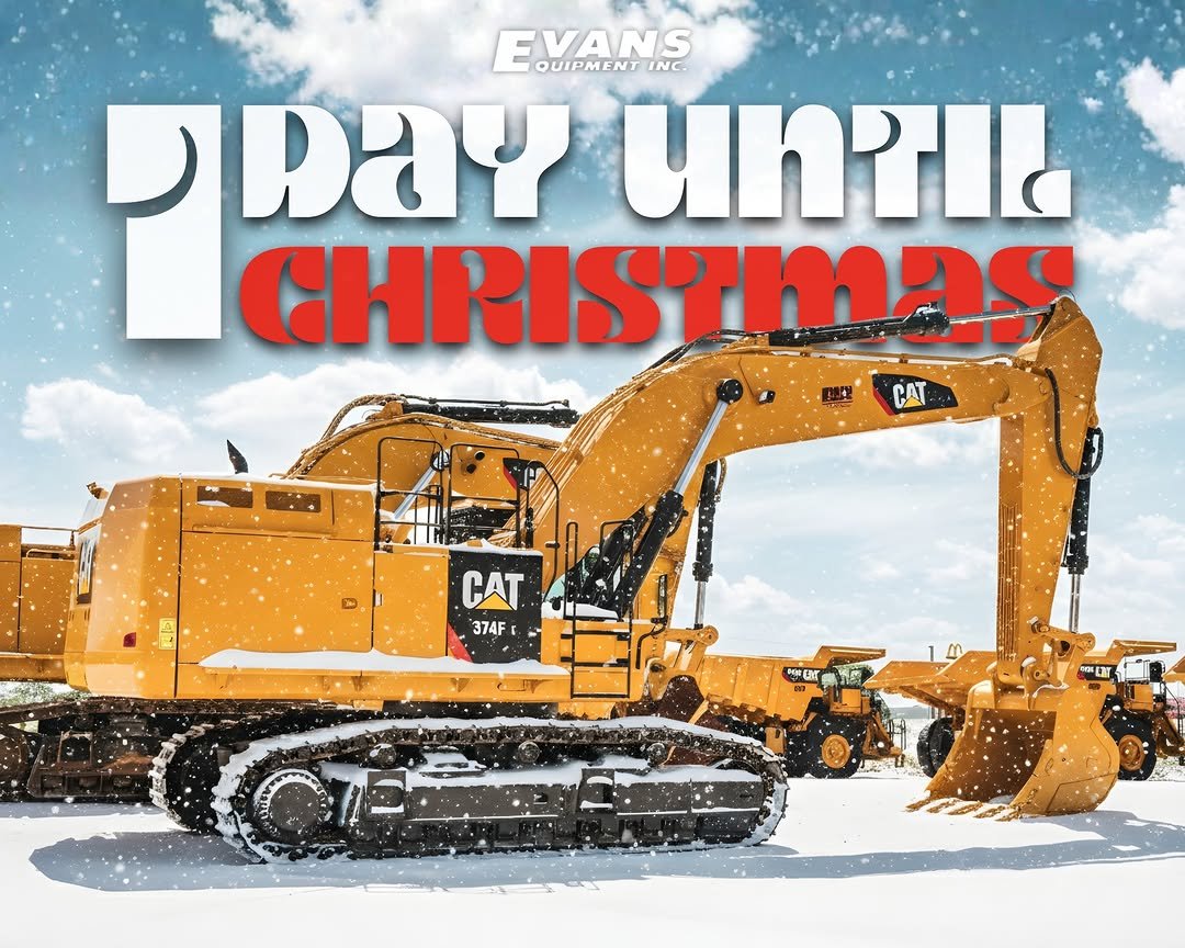 Photo by Evans Equipment on December 24, 2025. May be an image of scraper, poster and text that says 'QUIPMENT QUIPMENTINC. EVANS INC INC. DDaY untio CHRISTMAS 四里 CAT CAT 374F 桃 OLERT'.