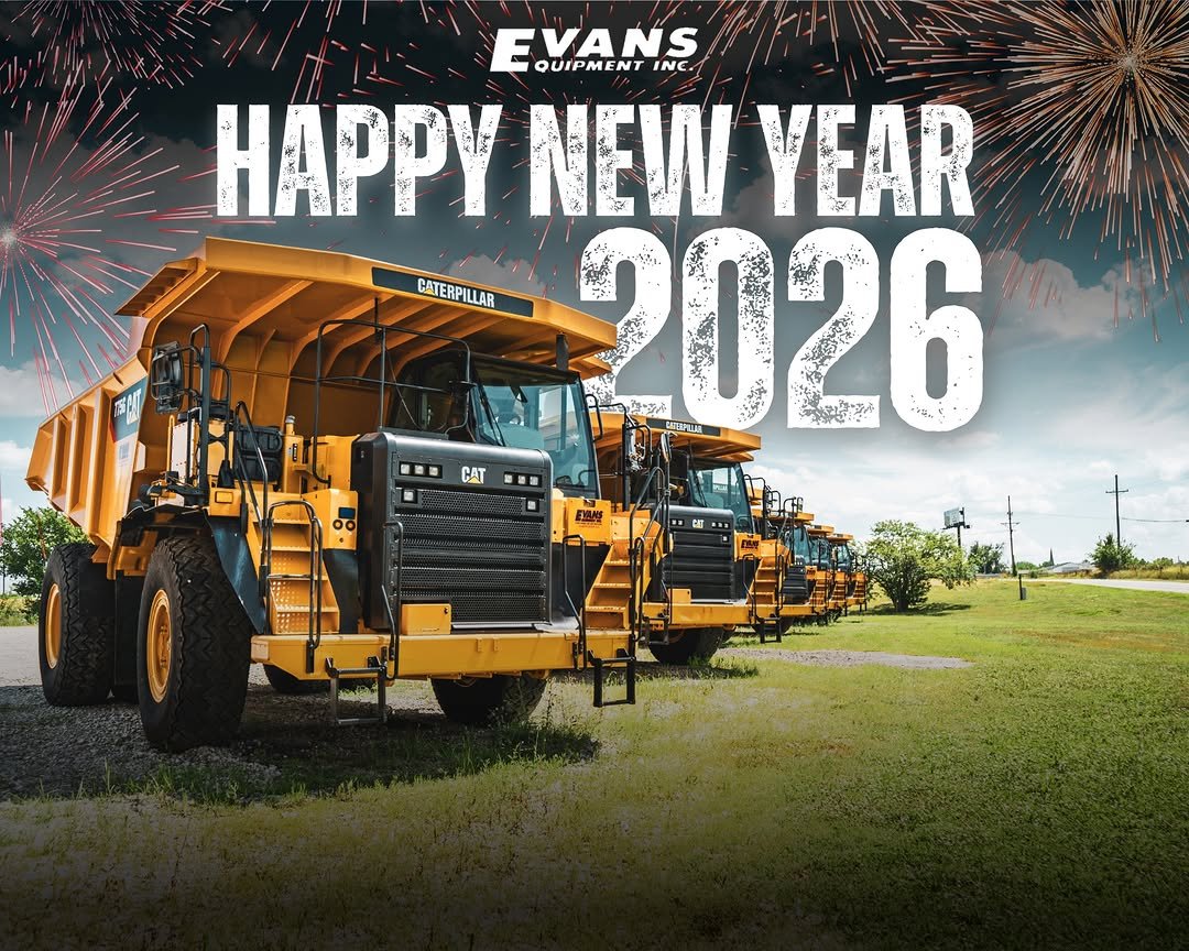 Photo by Evans Equipment on January 01, 2026. May be an image of school bus and text that says 'EVANS QUIPMENT QUIPMENTING INE HAΡΡΥ HAPPYNEWYEAR NEW YEAR CATERPILLAR 2026 · CAT MI'.