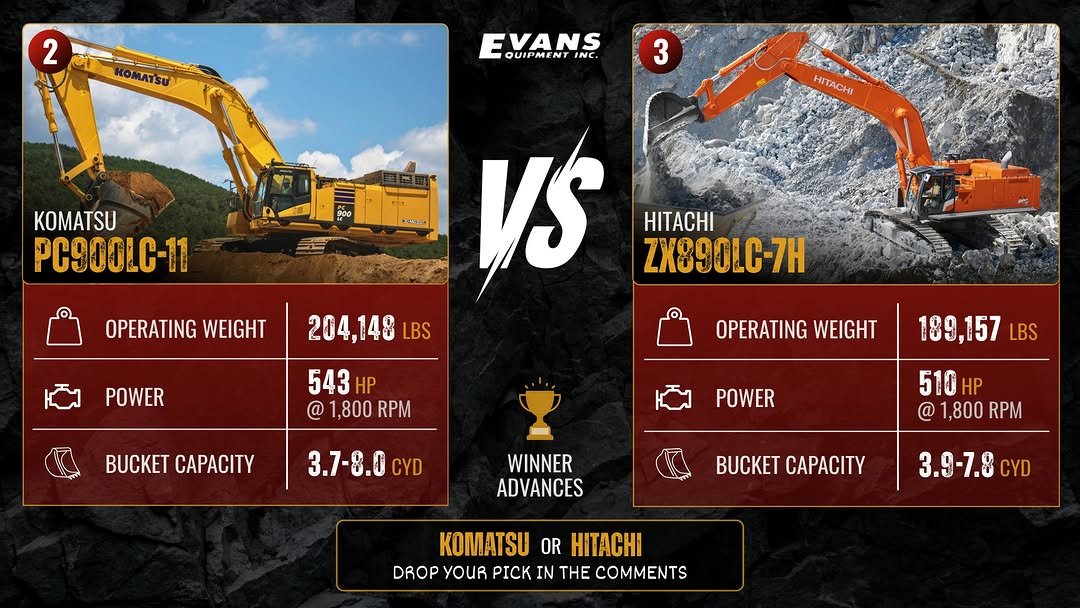 evansequipmentinc 게시물 이미지: 🏗️ ROUND 2: KOMATSU PC900LC-11 vs. HITACHI...