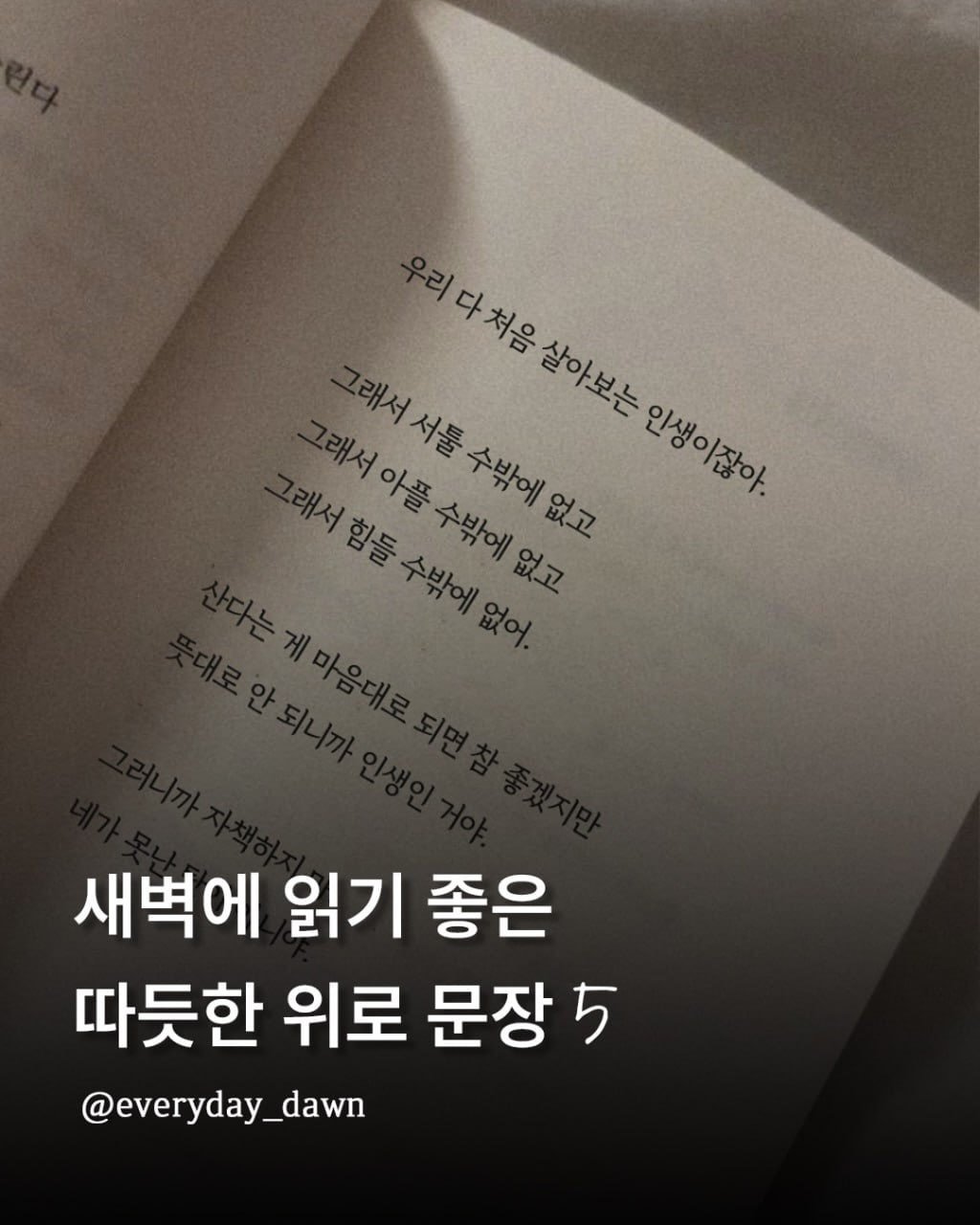 Photo by 신우 on April 18, 2026. May be an image of book and text that says '리다처음살아보는 이다처움 다처음 래서아플수밖에없고 서아플 래서 아플 인생이잖아. 인생이잖아. 래서힘들수밖에없어. 힘들 래서서툴수밖에없고 살아보는 살아보는 수밖에 수밖에 없고 수밖에 없고 새벽에 읽기 좋은 따듯한 위로 문장 5 @everyday_dawn'.