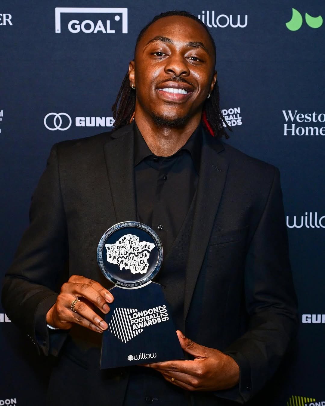 Photo shared by The Eze Foundation on March 08, 2026 tagging @eze. May be an image of football, ball and text that says 'R GOAL illow GUNG DON BALL RDS Westo Home O OPR แูทีน MS SMILICL મাા willo TI LOND FOOTBALLN ONDON2 AWARDSO ONBALLE 12 GUI swillow 華 swi MO'.