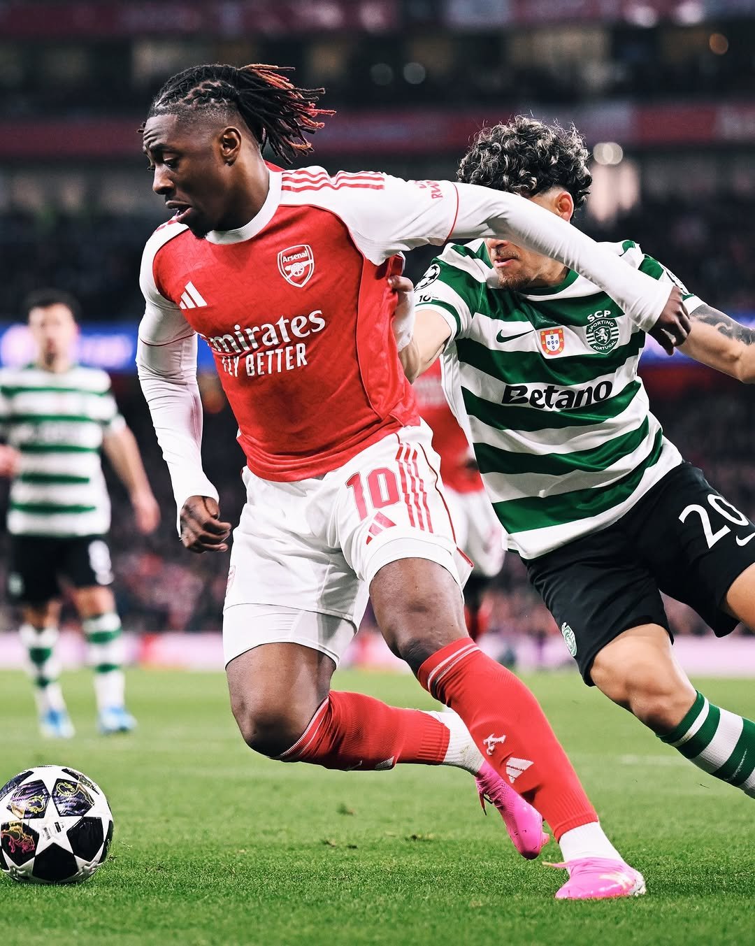 Photo shared by Ebere Eze on April 16, 2026 tagging @arsenal. May be an image of football, soccer, stadium and text that says 'Sing irates BETTER rates zetano and 191 10 20'.