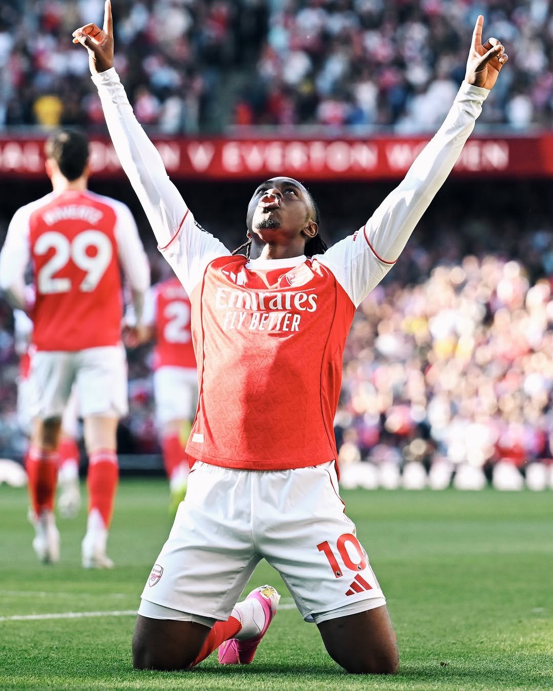 Photo shared by Ebere Eze on April 25, 2026 tagging @arsenal. May be an image of football, soccer, stadium and text.