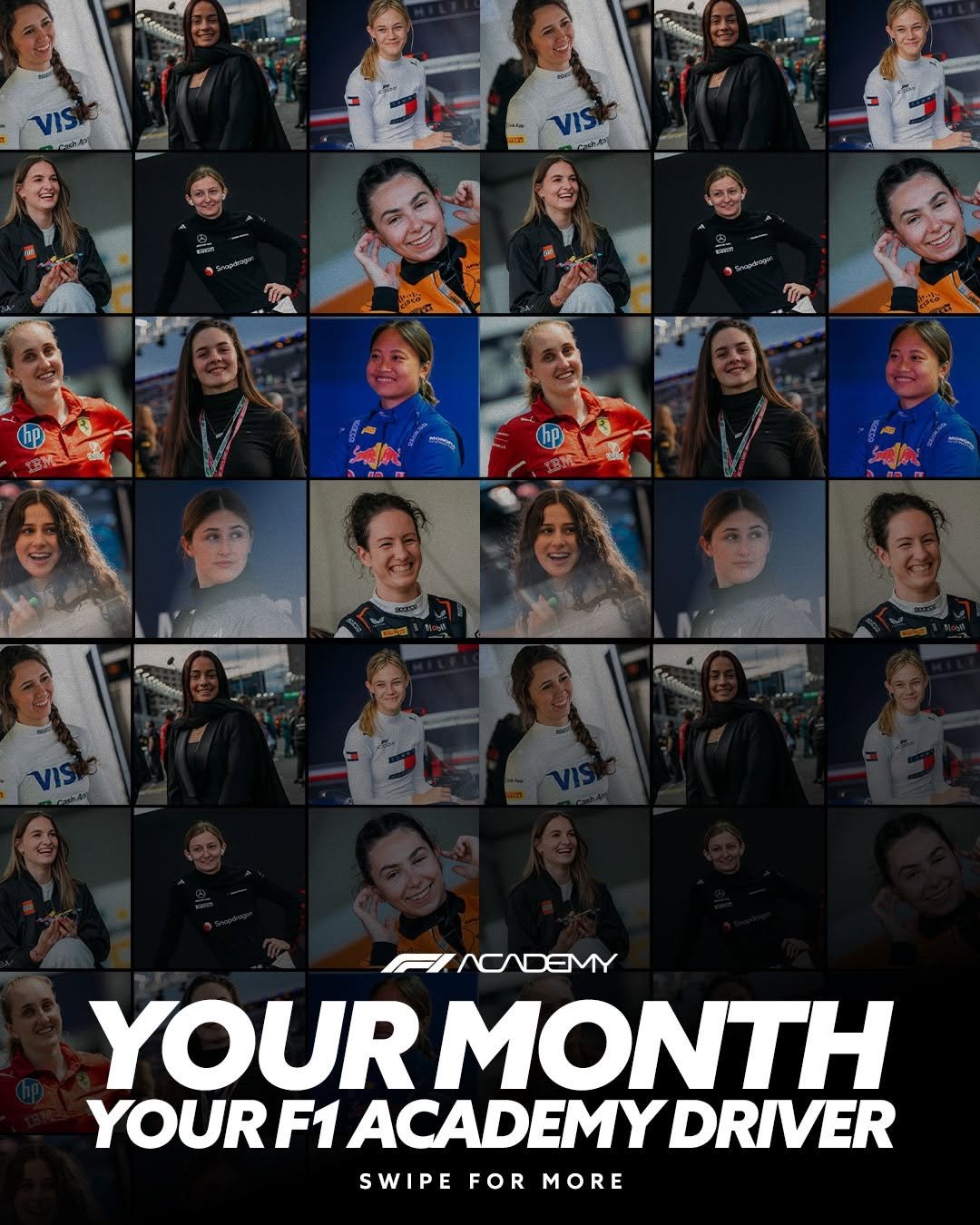 Photo by F1 Academy on January 04, 2026. May be an image of one or more people, poster, magazine and text that says 'VIS SEcetn VIS Sccen A FINADEMY YOUR YOURMONT MONTH YOURF1 ACADEMY DRIVER SWIPE SWIPEFORMORE VIPE FOR MORE'.