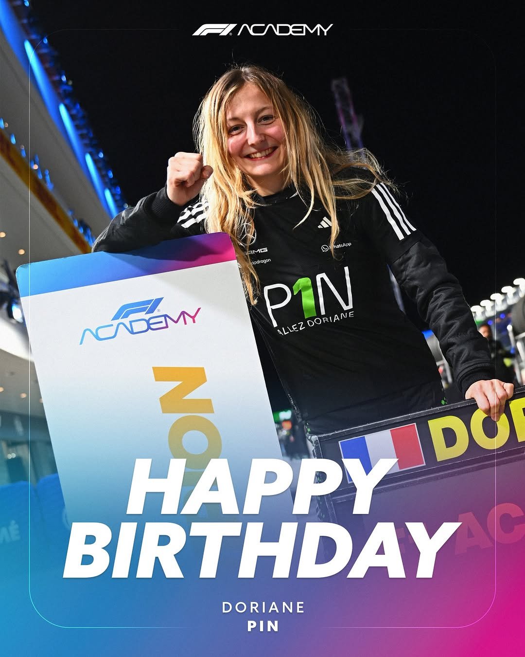 Photo shared by F1 Academy on January 06, 2026 tagging @dorianepin. May be an image of tennis, banner, poster, card, magazine and text.