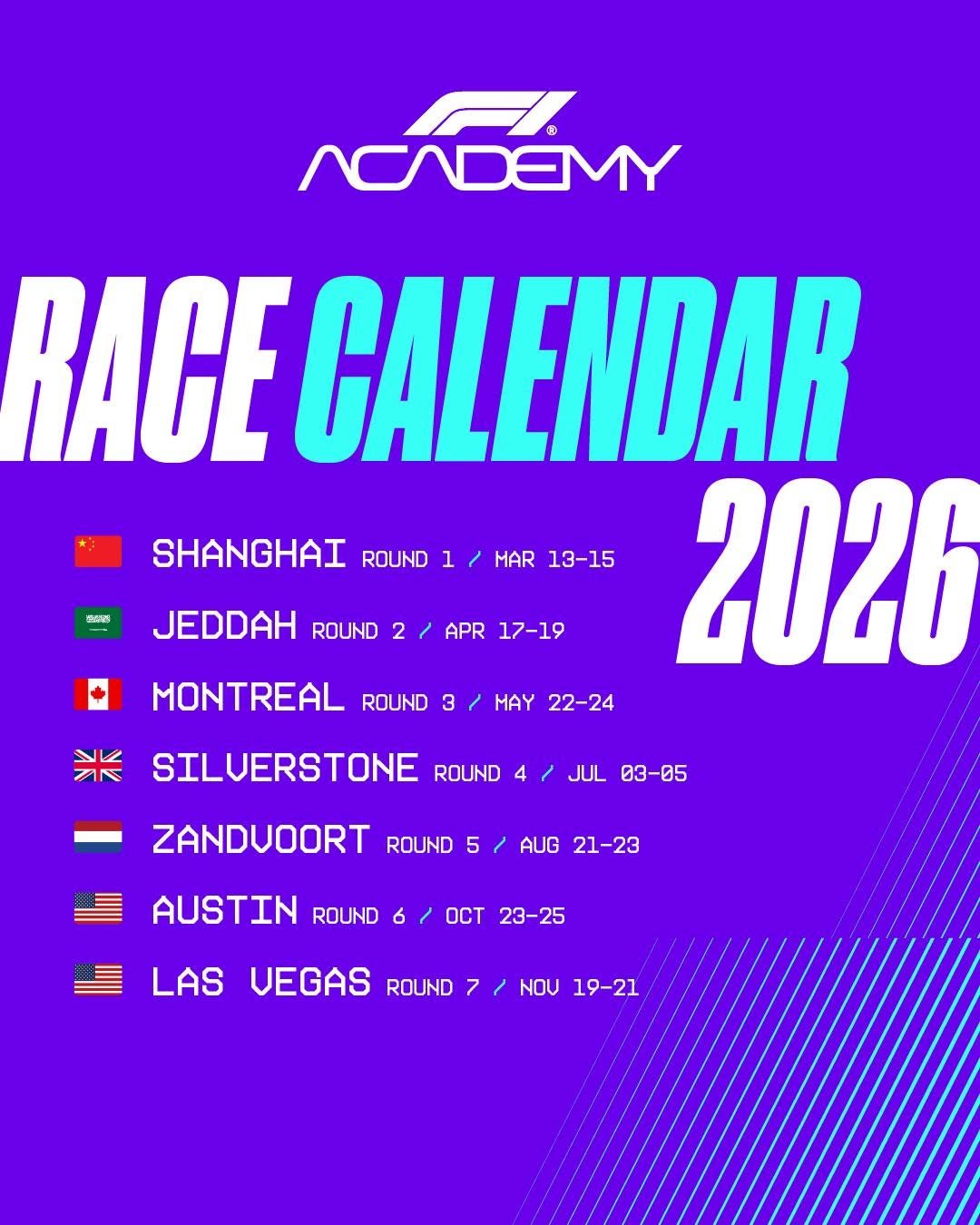 Photo by F1 Academy on January 22, 2026. May be a graphic of magazine, calendar, poster and text that says 'ACADEMY வத SHANGHAI ROUND 1 MAR 13-15 JEDDAH ROUND 2 RACE CALENDAR 2026 APR 17-19 MONTREAL ROUND 3 3 米 MAY 22-24 SILVERSTONE ROUND JUL 03-05 ZANDUOORT ROUND 5 AUG 21-23 AUSTIN ROUND 6 OCT 23-25 LAS VEGAS ROUND NOU 19-21'.