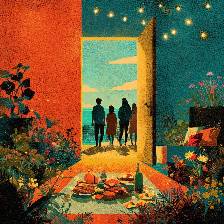 An AI-generated illustration of a group of people standing in front of a picnic blanket