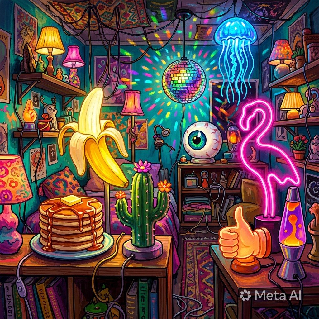 An image of a crowded bedroom filled with lamps.