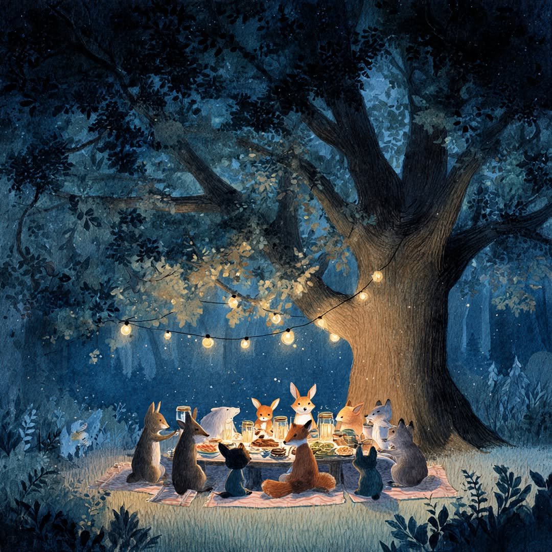 An illustration of forest animals sitting around a dinner table under a tree.