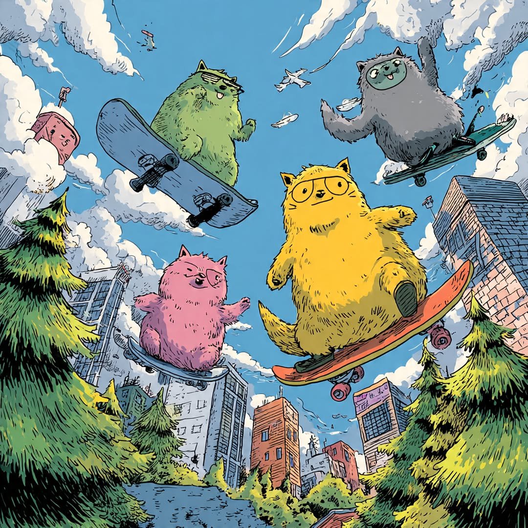 An illustration of colorful critters on flying skateboards.