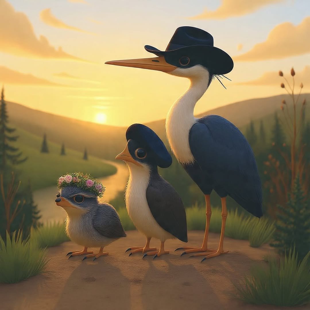An AI-generated image of three birds wearing hats.