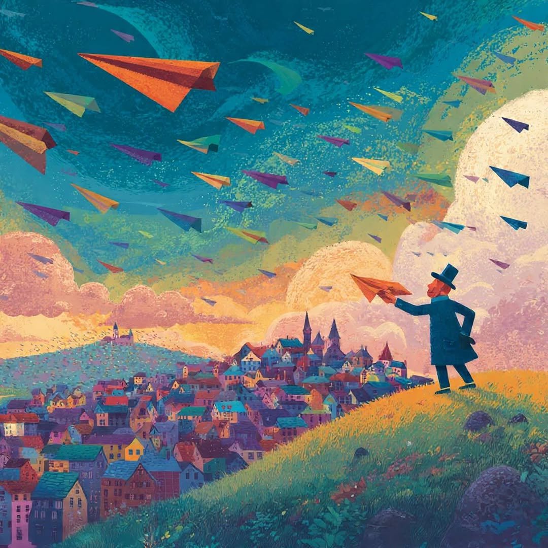An AI-generated illustration of a person on a hill surrounded by paper airplanes.