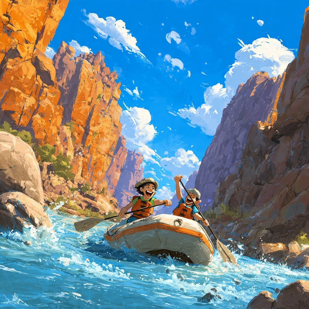 An illustration of two people in a raft, paddling down a river.