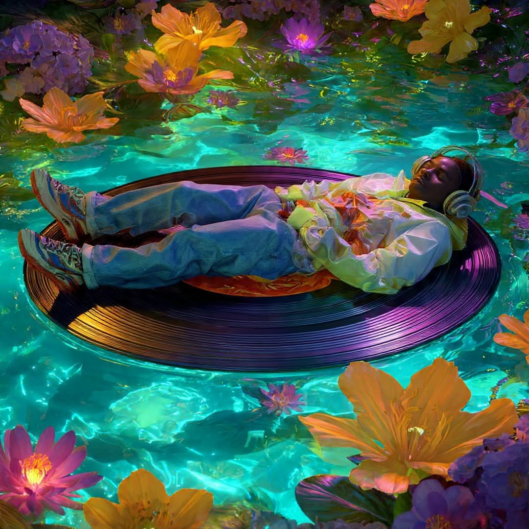 An AI-generated image of a man lying on top of a vinyl record.