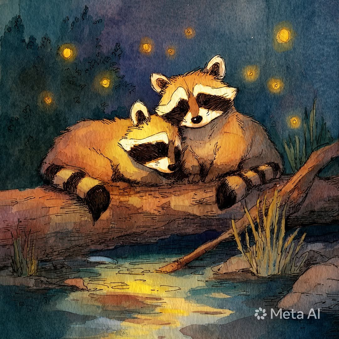 An illustration of two raccoons embracing on a log.