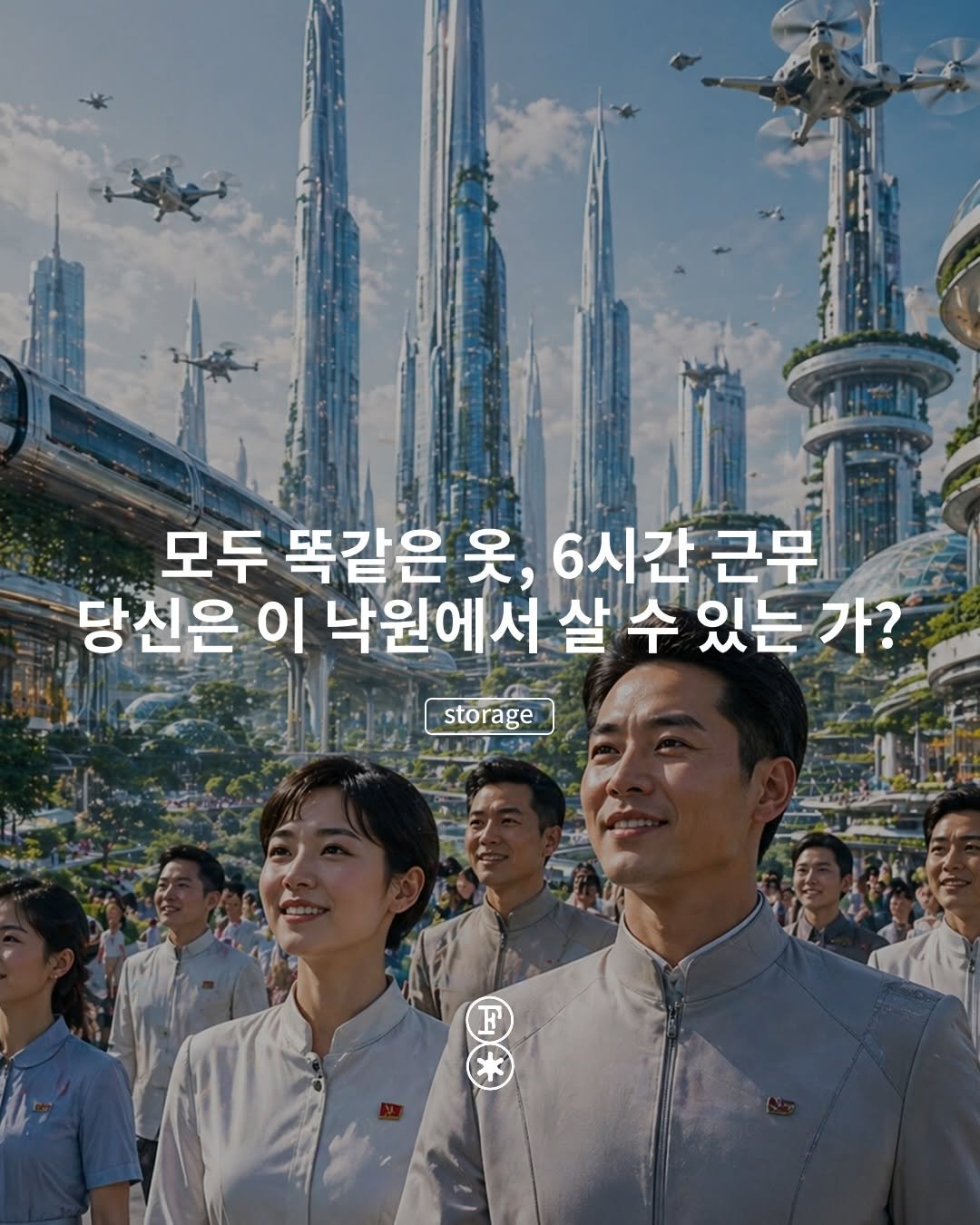 Photo by fake magazine 페이크 매거진 on April 27, 2026. May be an image of text that says '모두 똑같은 옷, 6시간 근무 당신은 이 낙원에서 살 수 있는 가? storage F'.