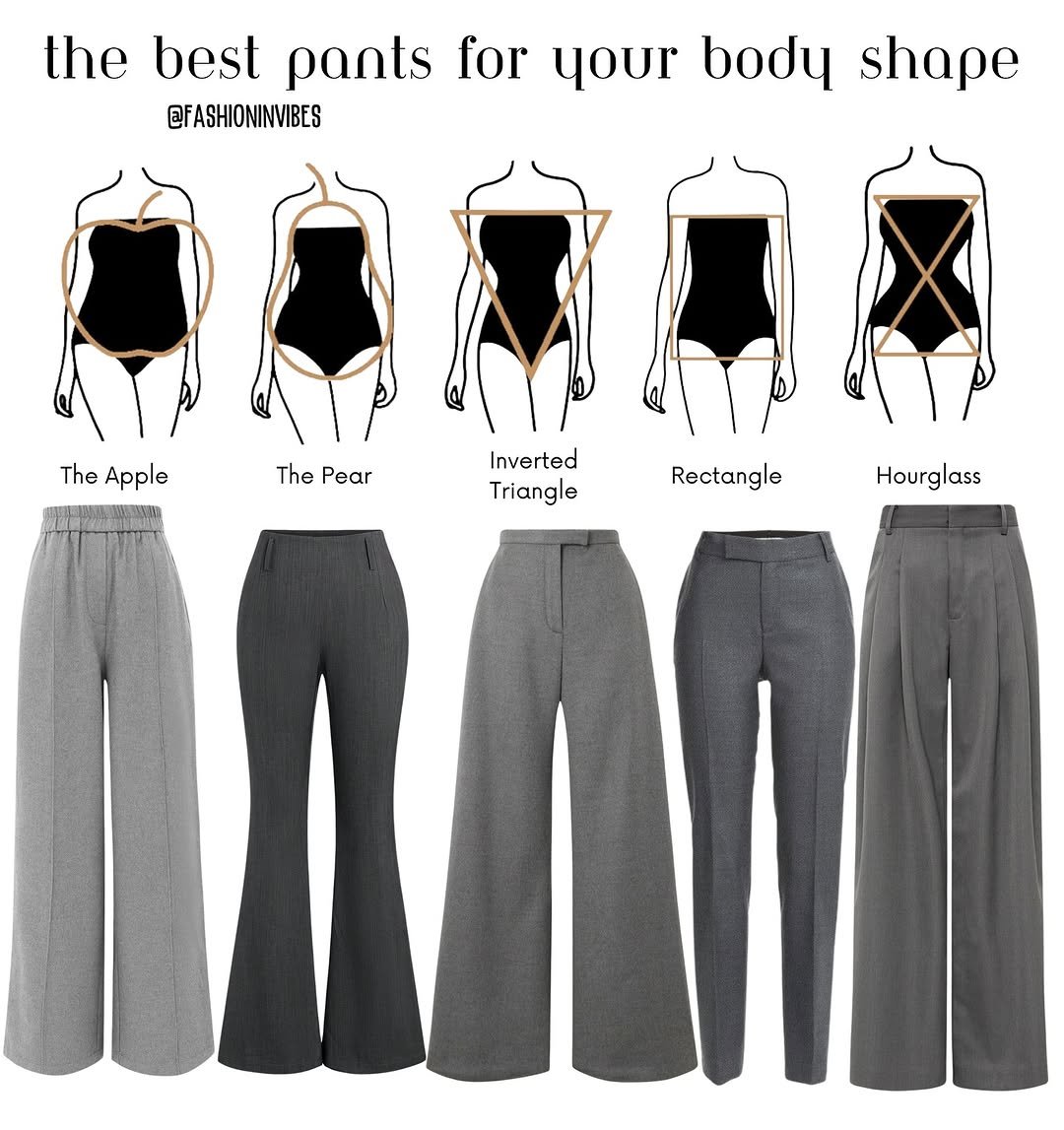 Photo by Fashion Selection 🦄💕 on September 12, 2025. May be an image of activewear, sweatpants, sweatsuit and text that says 'the best pants for your body shape @FASHIONINVIBES The TheApple Apple ThePear The Pear Inverted Triangle le Rectangle Hourglass ass መበለበ'.