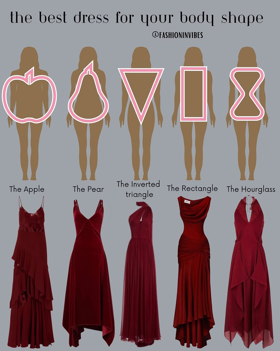 Photo by Fashion Selection 🦄💕 on September 19, 2025. May be a doodle of dress and text that says 'the best dress for your body shape @FASHIONINVIBES OOMΣ 8 The Apple ThePear The Pear The Inverted triangle The Rectangle ធាត The Hourglass'.