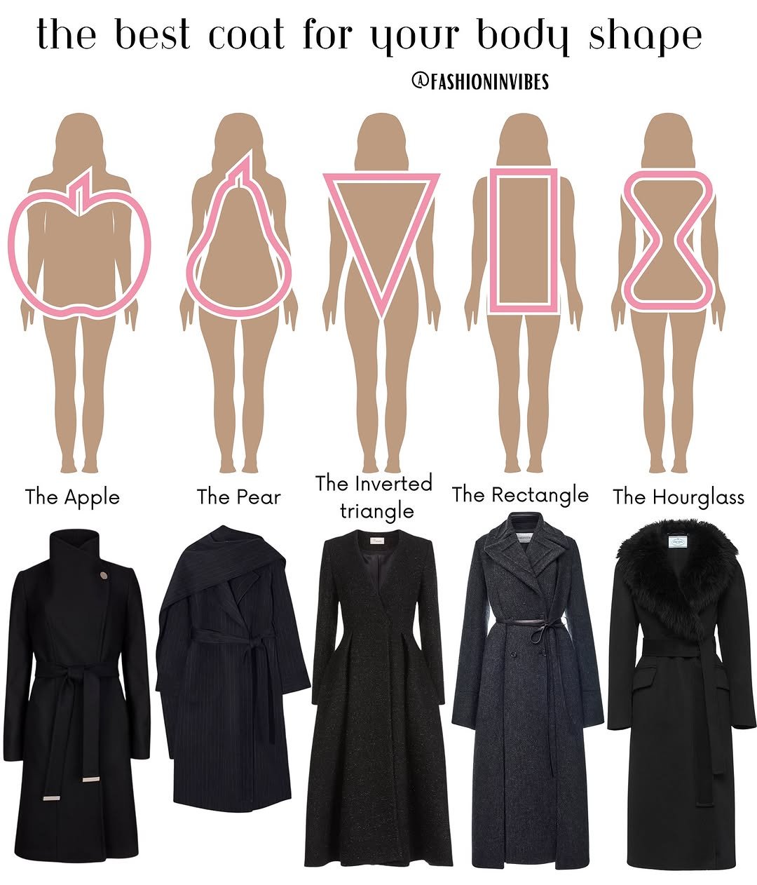Photo by Fashion Selection 🦄💕 on November 01, 2025. May be an image of overcoat, raincoat, robe, bath robe, dress, parka and text that says 'the best coat for your body shape @FASHIONINVIBES The Apple The Pear The Inverted triangle The Rectangle E The Hourglass G5'.