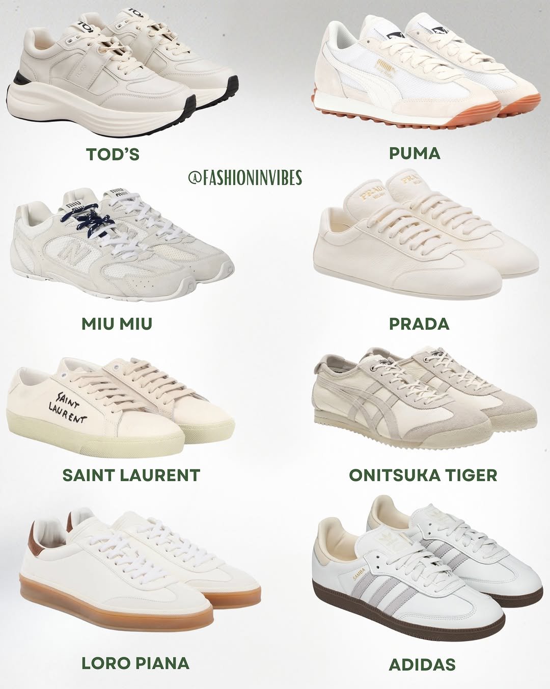 Photo by Fashion Selection 🦄💕 on February 12, 2026. May be an image of ‎sneakers and ‎text that says '‎A אאל TOD'S @FASHIONINVIBES ቴዶዕ PE PUMA FIII MIU MIUMIU MIU PRADA LAURE SAINT AURENT NT SAINT LAURENT ONITSUKA TIGER LOROPIANA LORO PIANA ADIDAS‎'‎‎.